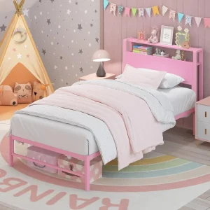 Twin Bed  with 2 Tiers Storage  Headboard